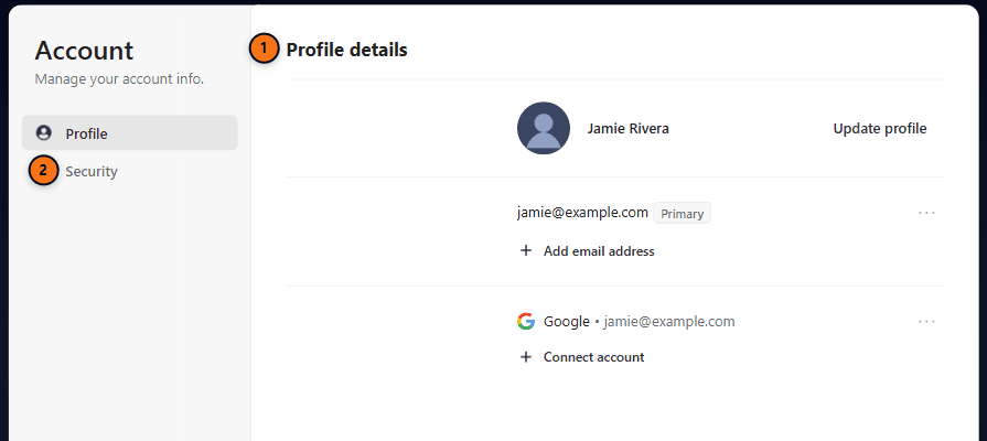Account settings page showing the Profile and Security tabs, with profile details including name and email