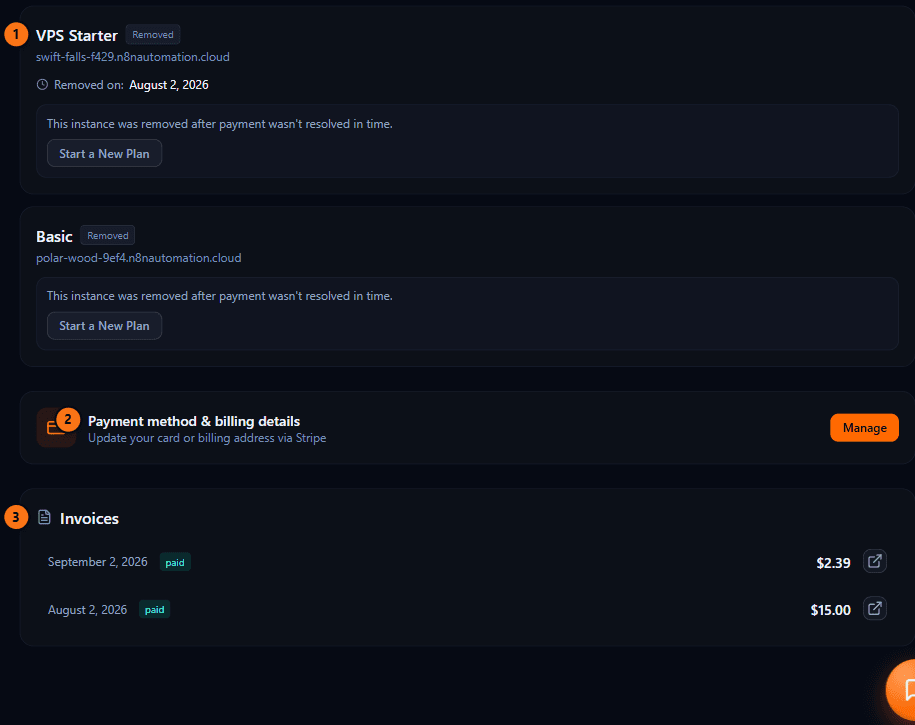 Billing page showing a removed instance card, the payment method management link, and a list of paid invoices