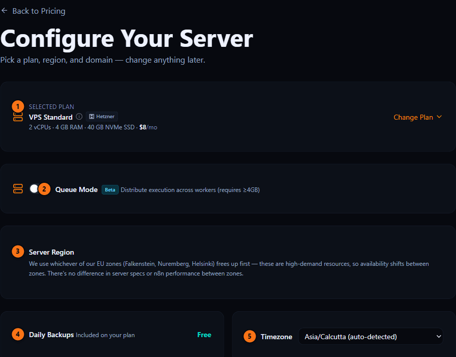 Checkout configuration panel showing plan selection, Queue Mode toggle, server region, daily backups, and timezone