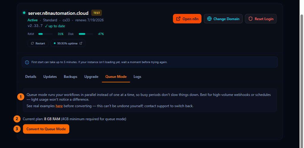 Queue Mode tab showing an explanation of queue mode, the RAM requirement, and the Convert to Queue Mode button