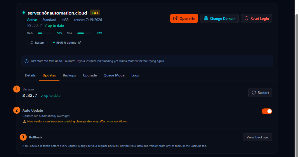 Updates tab showing current version, the Auto Update toggle, and the automatic pre-update backup notice